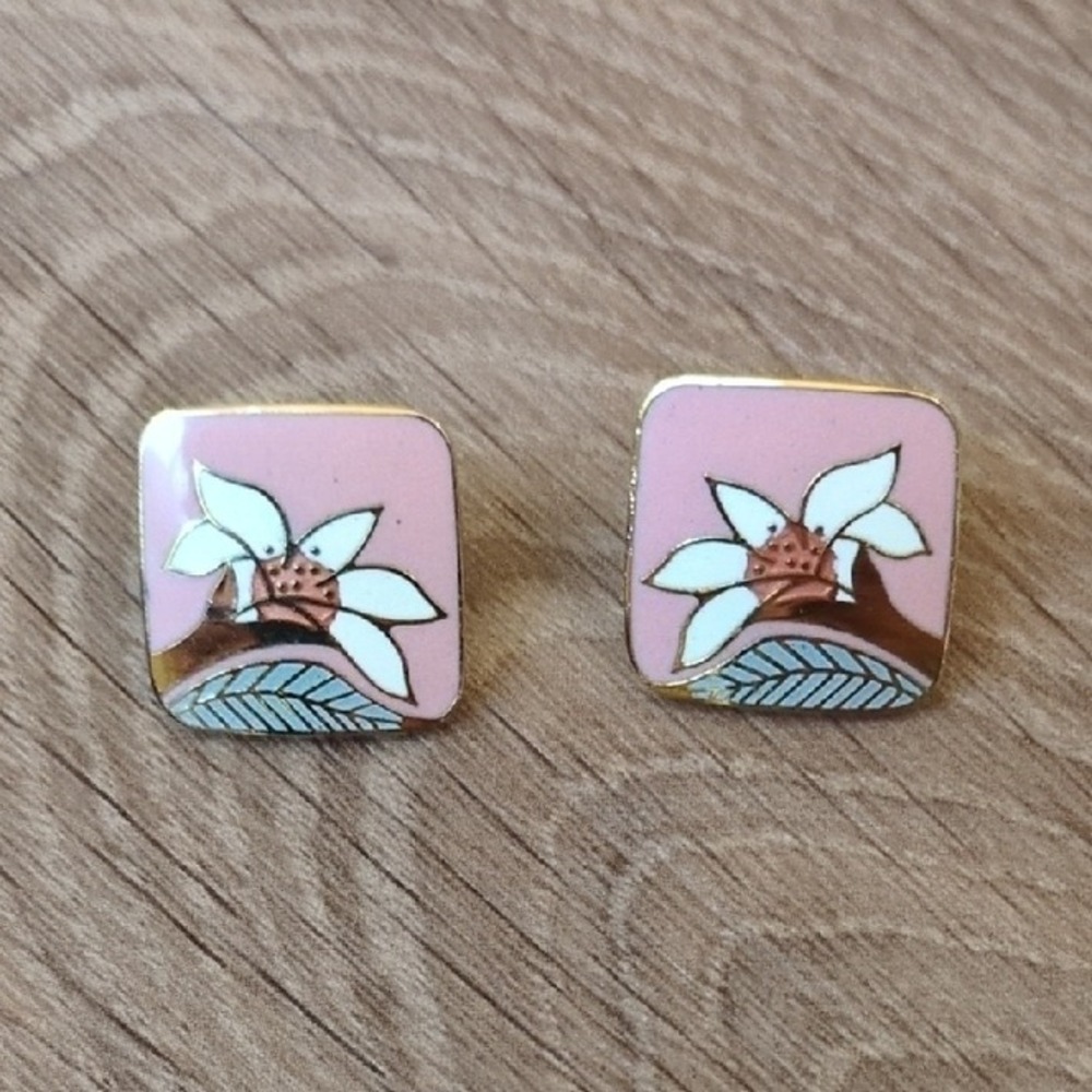 Vintage Laurel Burch Floral Square Earrings - Wild Lily Studs - Pink White‎